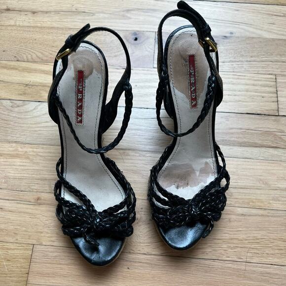 Prada Women's 35 US 5 Leather Braided Espadrilles Black Strappy Sandals Luxury - Picture 2 of 16